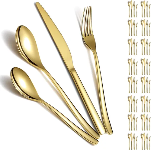Miniatura 8 de Berglander - Juego de cubiertos de oro de 60 piezas, servicio para 12, juego de cubiertos de acero inoxidable con chapado en titanio dorado, juego