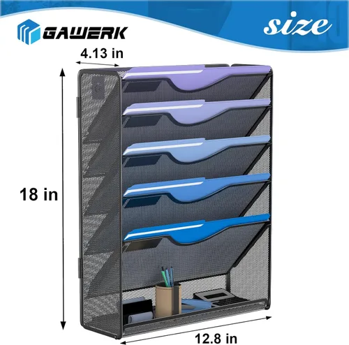 Miniatura 2 de Gawerk Organizador de archivos colgante de 6 niveles, soporte de malla para archivos de pared, estante para carpetas de papel con bandeja plana Negro