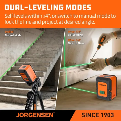 Miniatura 5 de JORGENSEN Nivel Láser con Trípode, Módulos Duales de 100 FT Herramienta Niveladora Láser de Línea Cruzada Autonivelante con Base Magnética de 360°