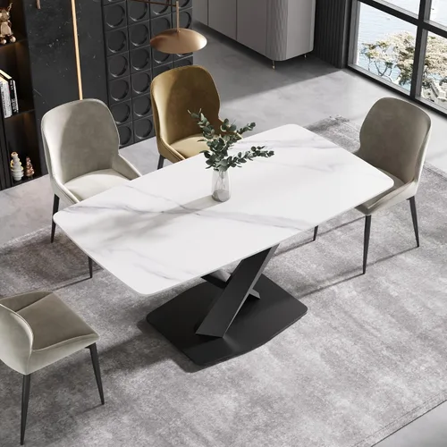 Miniatura 13 de Mesa de comedor moderna, mesa de comedor de piedra sinterizada blanca antigua con base de acero al carbono sólido en forma de X, mesa de comedor