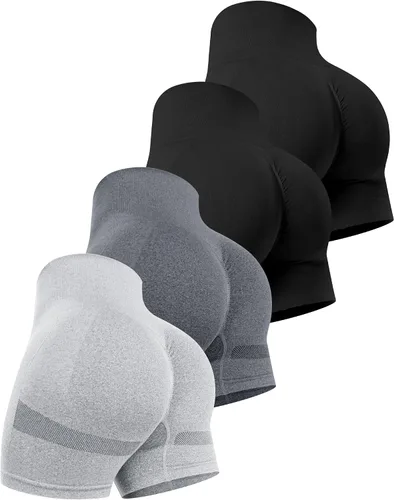 Miniatura 34 de CHRLEISURE Pantalones Cortos de Entrenamiento para Mujer, 4 Paquetes, Cintura Alta, Levantamiento de Glúteos con Fruncido, Pantalones Cortos Booty
