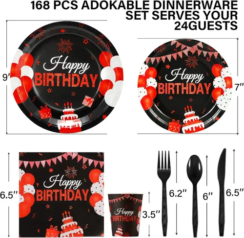 Miniatura 2 de Juego de vajilla de 168 piezas para fiesta de cumpleaños de color negro y rojo, platos, cuchillos, tenedores, cucharas, tazas y servilletas