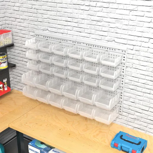 Miniatura 5 de Contenedores organizadores de garaje transparentes, 30 unidades de almacenamiento montados en la pared para piezas pequeñas con tablero blanco