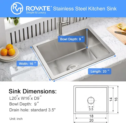 Miniatura 4 de ROVATE Fregadero de cocina de 20 x 16 x 9 pulgadas, fregadero de cocina de acero inoxidable 304 con colador para montaje inferior, fregadero