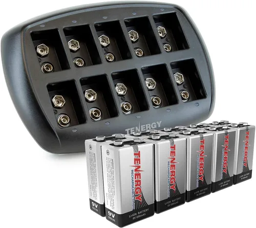 Tenergy Baterías 9V 600mAh 10PCS Li-ion 9 voltios baterías recargables con 10 ranuras Li-ion 9V cargador de batería para alarma de humo/detector