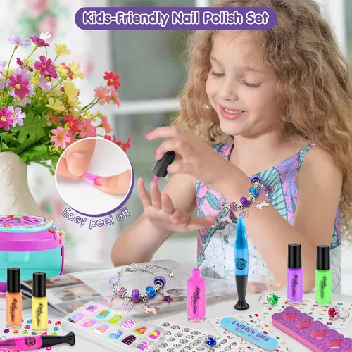 Miniatura 6 de Juego de esmaltes de uñas para niñas, kit de arte de uñas DIY con secador de uñas, uñas postizas, pegatinas de uñas, esmalte de uñas despegable,