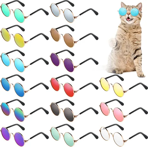 Weewooday 15 lentes de sol para perros y gatos, lentes de sol retro para mascotas pequeñas, redondas, de metal, para cachorros, divertidas, cosplay,