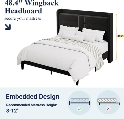 Miniatura 7 de Allewie Base de cama de plataforma tamaño Queen con estación de carga y cabecera de almacenamiento, diseño tapizado de terciopelo con respaldo