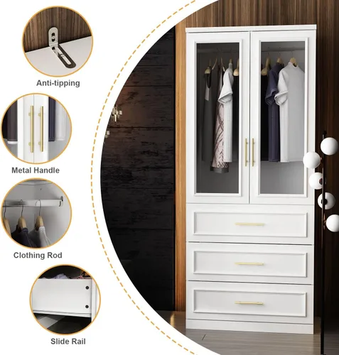 Miniatura 5 de Armario grande con 2 puertas de vidrio templado y 3 cajones, armario alto con barra para ropa, armarios de ropa estilo agitador, color blanco, 31.7