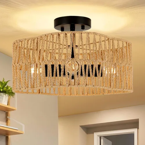 Lámparas Bohemias de Techo con Montaje, Lámpara de Techo de Ratán Estilo Granja de 4 Luces, Lámpara de Techo Semi Empotrada con Pantalla Tejida a