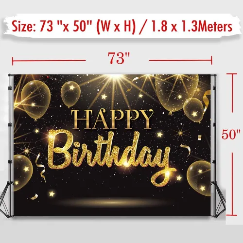 Miniatura 5 de Telón de fondo negro dorado para decoración de fiesta de feliz cumpleaños, cartel de globos dorados con purpurina y estrella para cumpleaños, telón
