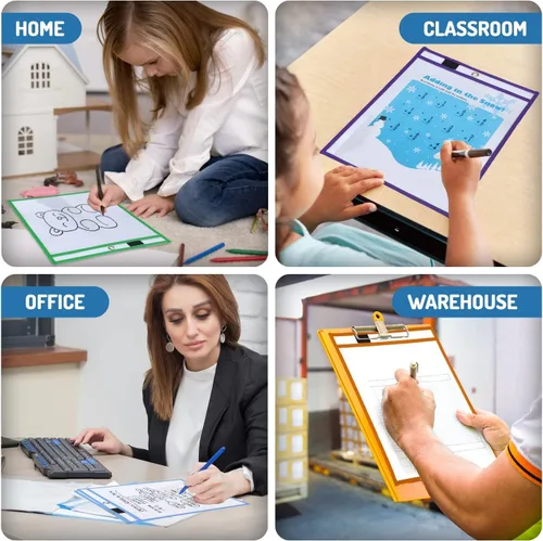 Miniatura 3 de Bolsillos de borrado en seco, paquete de 12 unidades, 10 x 13 pulgadas, reutilizables, de borrado en seco, para hojas de trabajo y escuela, fundas