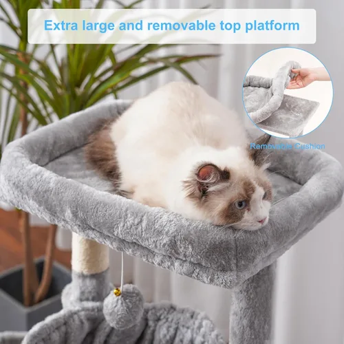 Miniatura 4 de Hey-brother Árbol para gatos, torre para gatos de interior, casa para gatos con cama acolchada grande, condominio acogedor, hamacas, postes claro