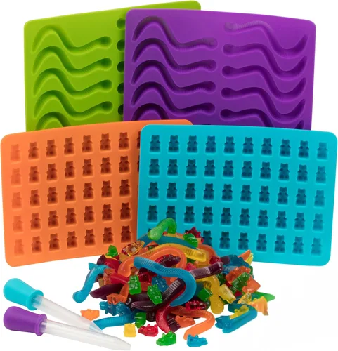 Moldes de silicona para caramelos de oso y gusano, paquete de 4 moldes de chocolate sin BPA con 2 goteros, bandejas de hornear flexibles