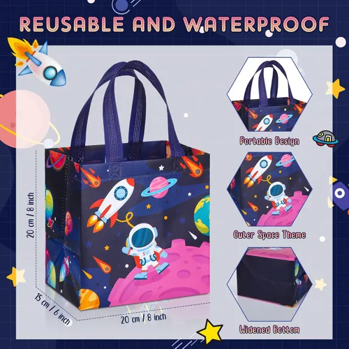 Miniatura 3 de Kigeli 60 bolsas de regalos espaciales de 6 estilos, recuerdos de fiesta espacial, bolsas grandes de regalo no tejidas con asas, bolsa de dulces