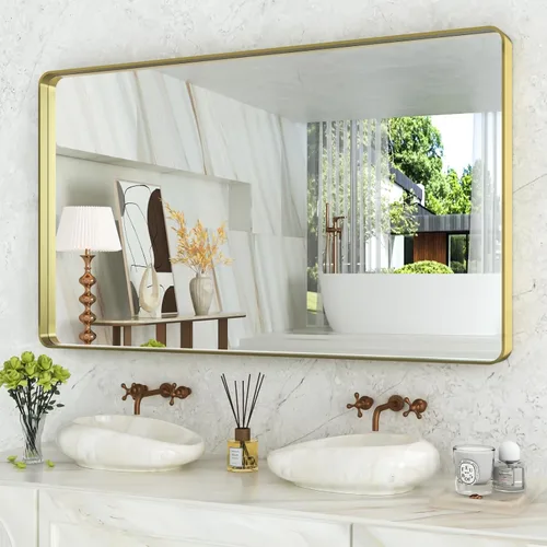 Miniatura 44 de WEER - Espejo de baño dorado, espejo de 40x32 pulgadas con marco de metal dorado cepillado, espejo de tocador de baño de oro para pared