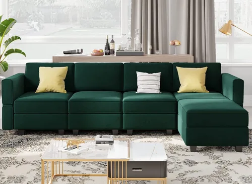 Miniatura 13 de Belffin Sofá modular en forma de U con tumbonas reversibles, de terciopelo, con asiento de almacenamiento, color negro