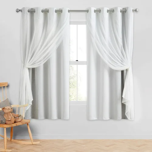 Miniatura 21 de Cortinas 100% opacas con superposición de gasa Mix and Match de doble capa, 54 pulgadas de largo, 2 paneles para dormitorio y sala de estar, azul