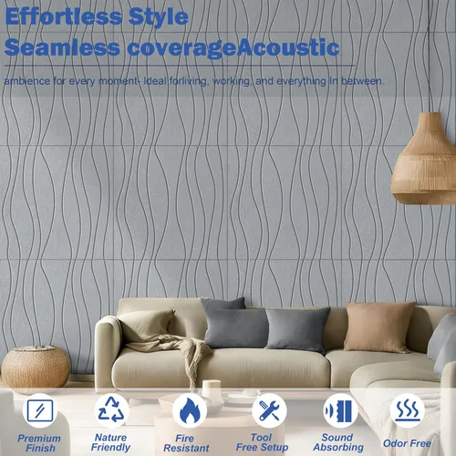 Miniatura 3 de 6 paneles acústicos, paneles de pared autoadhesivos insonorizados de 23.6 x 23.6 pulgadas, paneles de pared acústicos con ondas de agua, paneles