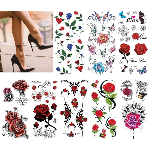 CARGEN Tatuajes temporales de rosas sexys, 8 hojas de tatuajes de amor de flores, mariposas y gatos para mujeres, maquillaje sexy, tatuaje falso,