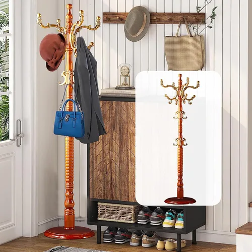 Miniatura 8 de Percheros de pie independientes, perchero de madera natural con 14 ganchos, percheros resistentes de altura ajustable para entrada, pasillo, Marrón