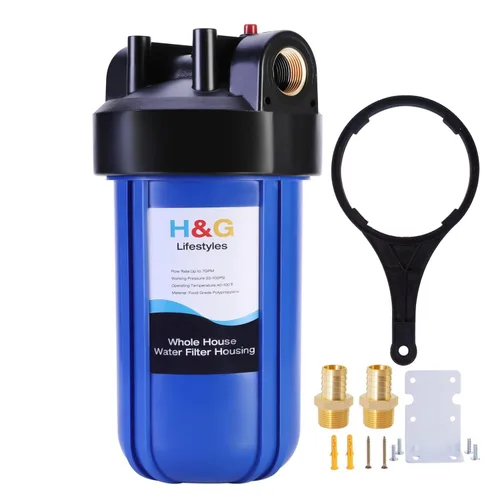 H&G Lifestyles - Carcasa para filtro de sedimentos para toda la casa, carcasa azul, 10 x 4.5 recipientes de filtro de agua, puerto de latón NPT de 1