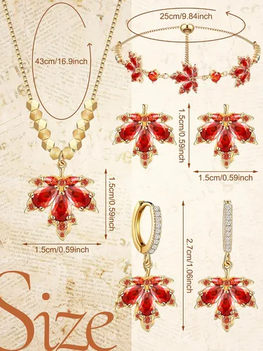 Miniatura 2 de Sasylvia Juego de 4 piezas de joyería de otoño de hoja de arce para mujer, collar, pulsera de diamantes de imitación, 2 aretes de hoja de arce