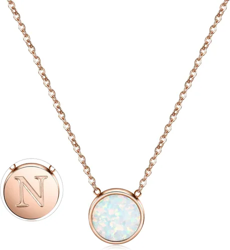CIUNOFOR Collar con dije de ópalo del alfabeto chapado en oro rosa, collar con inicial de disco redondo, collar de letra grabada con cadena