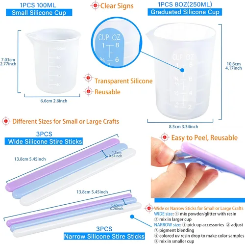 Miniatura 2 de FUNSHOWCASE Vaso medidor de silicona de 8.5 fl oz, 8 onzas y 3.4 fl oz, 3.4 onzas con varillas de goma surtidas, kit de fundición de resina, paquete