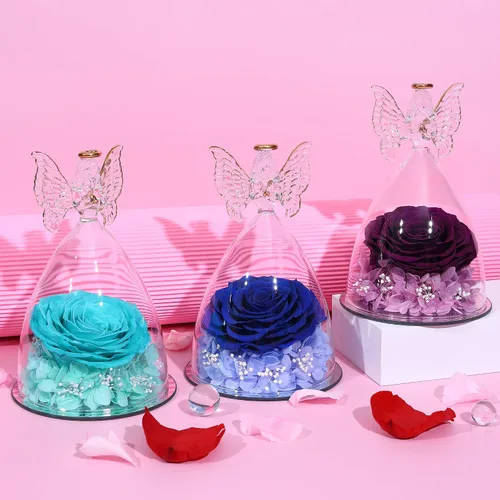Miniatura 7 de Regalo de rosa para el día de la madre, rosa real preservada en figura de ángel de cristal grande, regalos de rosas para mujeres, regalo de flores