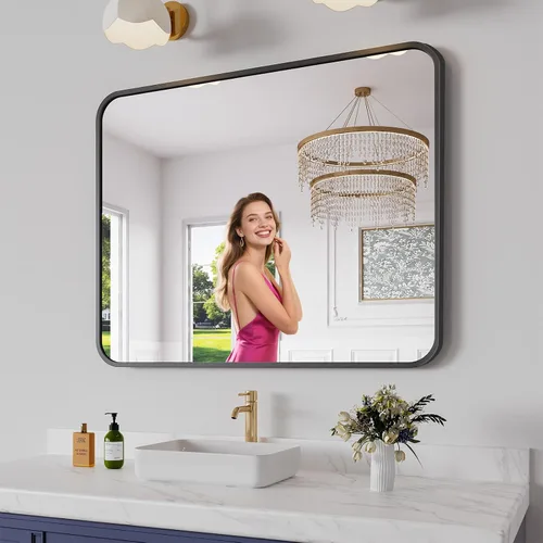 Miniatura 37 de Koonmi Espejo de baño, 30 x 30 pulgadas, espejo con marco de metal negro para baño, vidrio templado, antioxidante, espejo rectangular redondeado