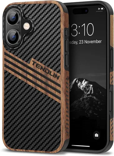 Miniatura 10 de TENDLIN Compatible con iPhone 17 Pro Max Funda de madera con textura de fibra de carbono Diseño de cuero híbrido delgado (negro)