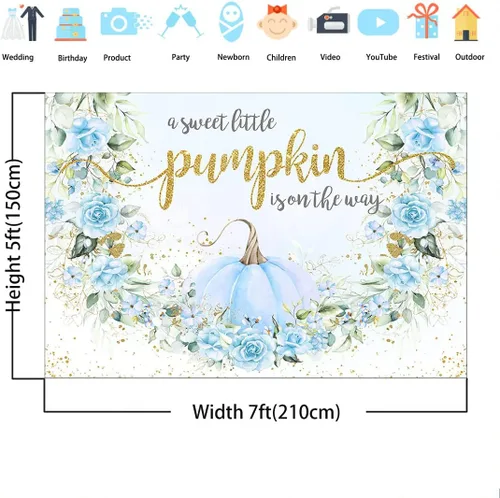 Miniatura 4 de Avezano Telón de fondo de calabaza azul para baby shower para niño, decoración de fiesta de otoño con texto en inglés "A Little Pumpkin Is On The