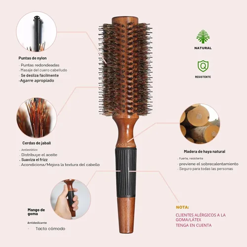 Miniatura 2 de BESTOOL Cepillo redondo para secar, cepillo de pelo de cerdas de jabalí, cepillo grande de estilo redondo para mujeres y hombres, alisar, rizar