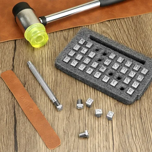 Miniatura 5 de QWORK Juego de sellos de cuero para trabajo de cuero, kit completo de 37 piezas con números, letras y mango de acero, tamaño de 1/4 pulgadas