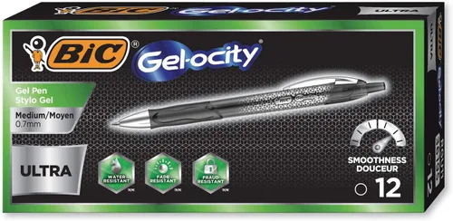 BIC Gel-Ocity Ultra - Bolígrafos de gel, punta media retráctil (0.028 in), bolígrafo de gel de tinta negra, 12 unidades