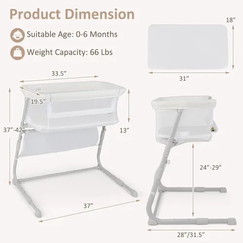 Miniatura 6 de INFANS Moisés sobre la cama para bebé, cama de noche con pared inferior para un fácil acceso, cierre seguro para dormir, altura ajustable, Blanco
