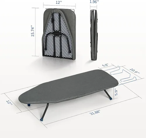Miniatura 7 de Tabla de Planchar Pequeña Plegable, BlissBoard Tabla de Planchar de Mesa con Cubierta y Almohadilla, Marco de Metal Mesa de Planchar Mini de Negro