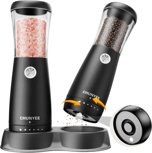 Electric Salt and Pepper Grinder Set - Automatic Stainless Steel Rechargeable Salt and Pepper Grinder Set with Storage Base, Large Capacity, LED