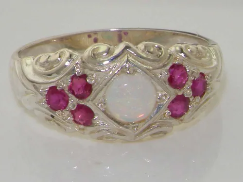 Miniatura 5 de Anillo de plata de ley 925 auténtico ópalo y rubí para mujer