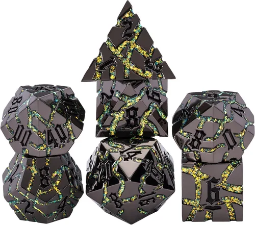 Miniatura 7 de Juego de Dados de Metal DND, Conjunto de 7 Dados Poliédricos D&D, Conjunto de Dados con Grietas Brillantes para Juego de Rol Calabozos y Dragones