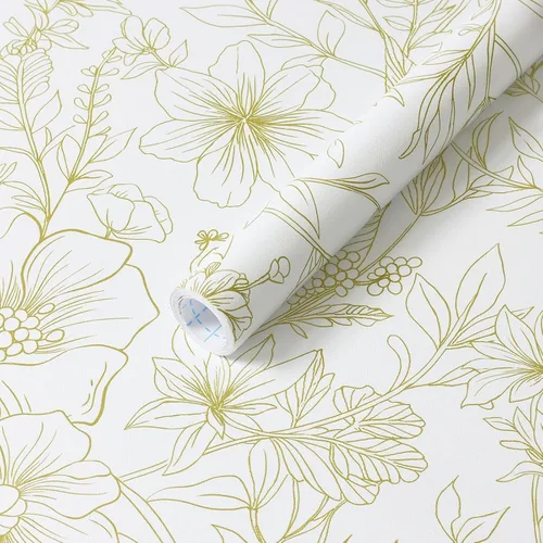 GloryTik Papel Tapiz Floral Despegable y Adhesivo Papel de Contacto Moderno Blanco y Dorado Removible Autoadhesivo para Baño Dormitorio Gabinetes