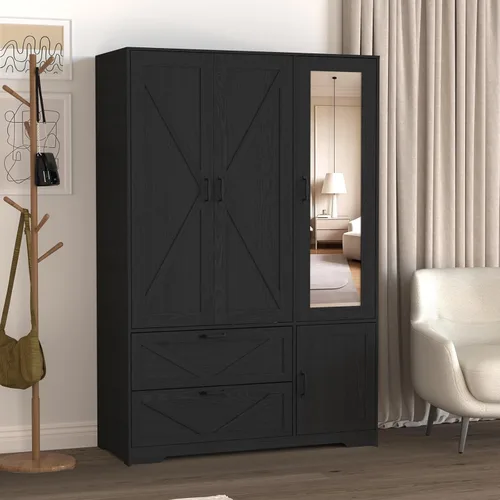 Armario de 3 puertas con puerta de espejo y luces LED, armario de dormitorio con cajones, armario independiente de gran capacidad con barra para