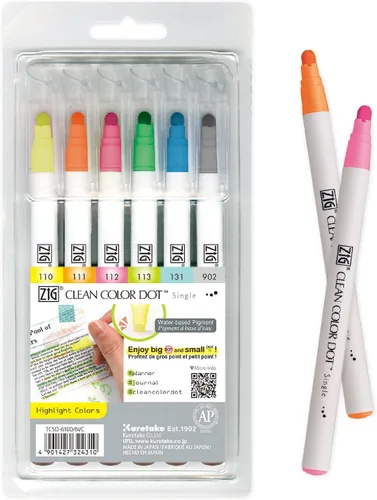 Kuretake CLEAN COLOR DOT Resaltador Individual de 6 colores, Marcador de punta de punto flexible, para Diarios, Manualidades, Ilustración,