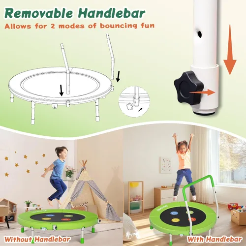 Miniatura 7 de 3FT Toddler Trampoline with Adjustable Handlebar, 36" Foldable & Spring-Free, Mini Kids Indoor Outdoor Trampoline for Ages 1-6, Noiseless Jumping