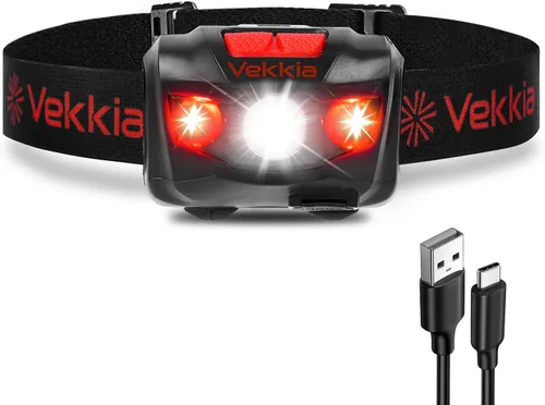 Miniatura 9 de Vekkia Linterna frontal LED ultra brillante - 5 modos de iluminación, lámpara de cabeza con LEDs blanco y rojo, accesorios para acampar. Luz frontal