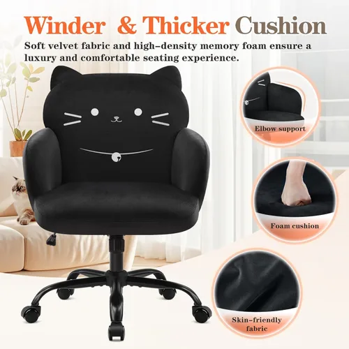 Miniatura 7 de IWMH Silla de oficina en casa, silla de escritorio de asiento ancho, lindas sillas giratorias de terciopelo para tocador, sillas de tareas con Negro