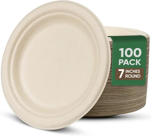 TaidMiao Paquete de 100 platos de papel de 7 pulgadas, platos desechables 100% compostables, platos de postre resistentes, platos de caña de azúcar