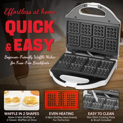 Miniatura 4 de SugarWhisk Máquina para Hacer Waffles Cuadrada, Máquina para Hacer Mini Waffles Clásicos de 2 x 4, Plancha para Waffles, Placas de Cocción Duales
