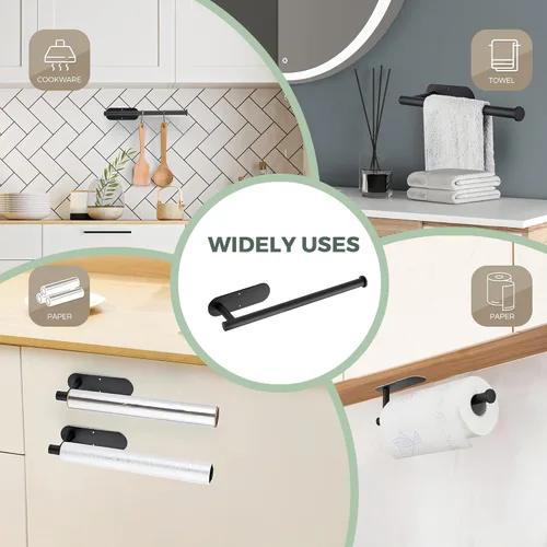 Miniatura 9 de Paquete de 2 soportes para toallas de papel, acero inoxidable SUS304 negro mate, autoadhesivo o perforador, soporte de pared para cocina y baño